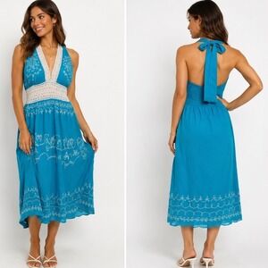 Turquoise Blue Boho Halter Midi Dress White Embroidery Crochet Lace Smocked Back